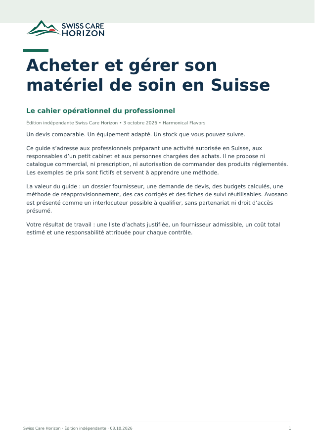 Couverture : Acheter et gérer son matériel de soin en Suisse